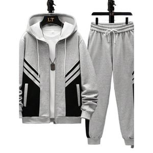 Men Two Tone Drawstring Hoodie & Sweatpants Wout Tee-GREY-XL
